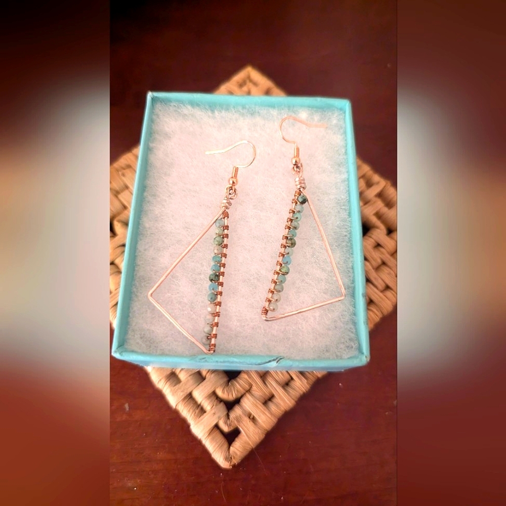 Rose gold turquoise diamond hand wrapped earrings l